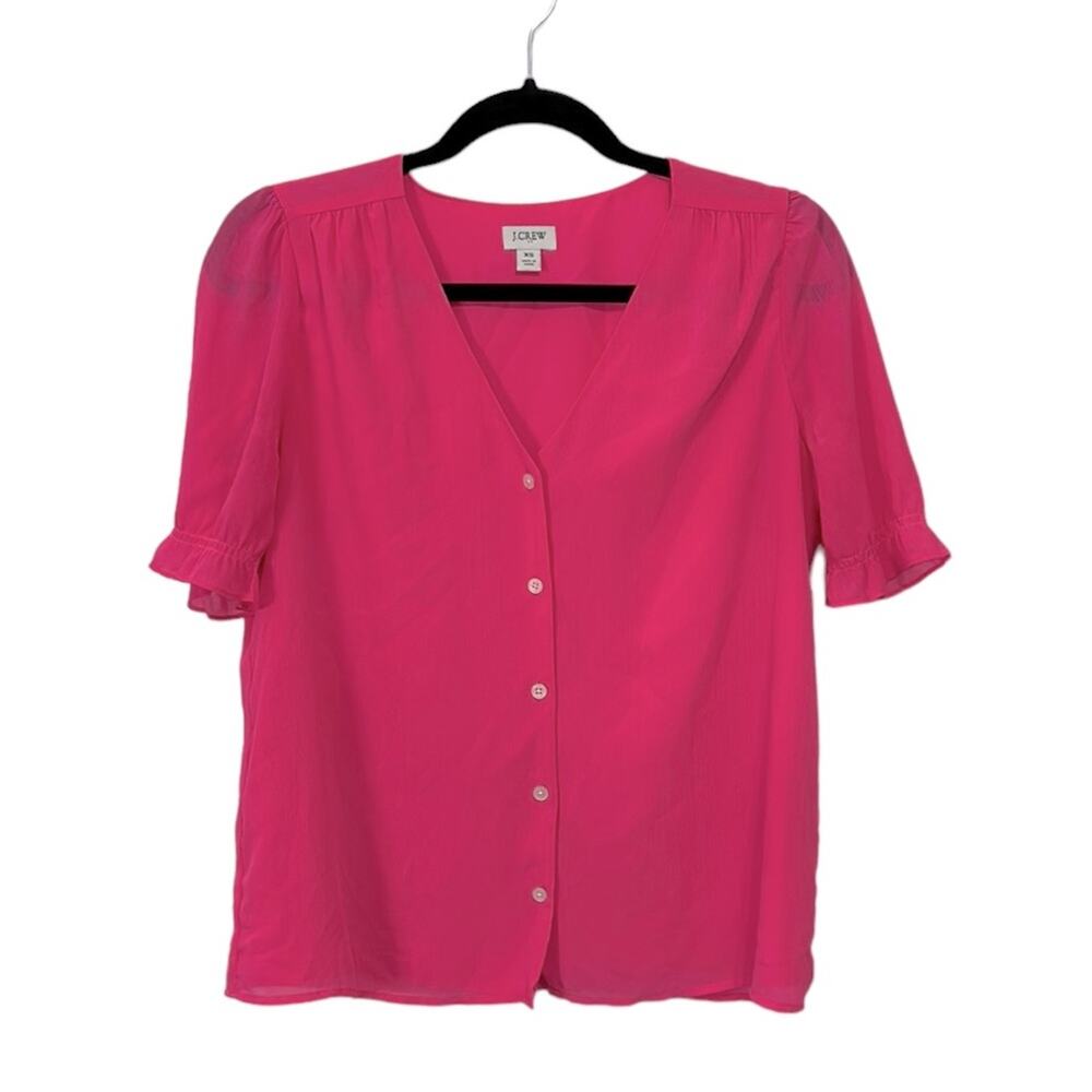 J. Crew Bright Pink Short Sleeve Ruffle Button Up Blouse Women’s size XS